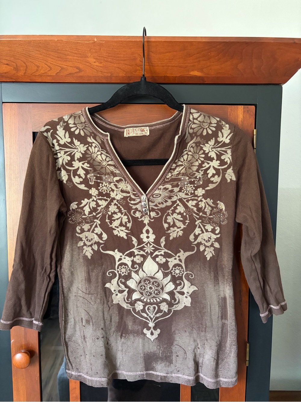 Brown Floral Embroidered Henley Long-Sleeve Top